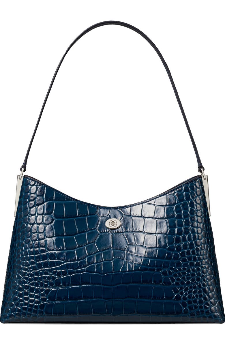 Tory Burch Small Robinson Croc Embossed Leather Shoulder Bag, Main, color, Twilight