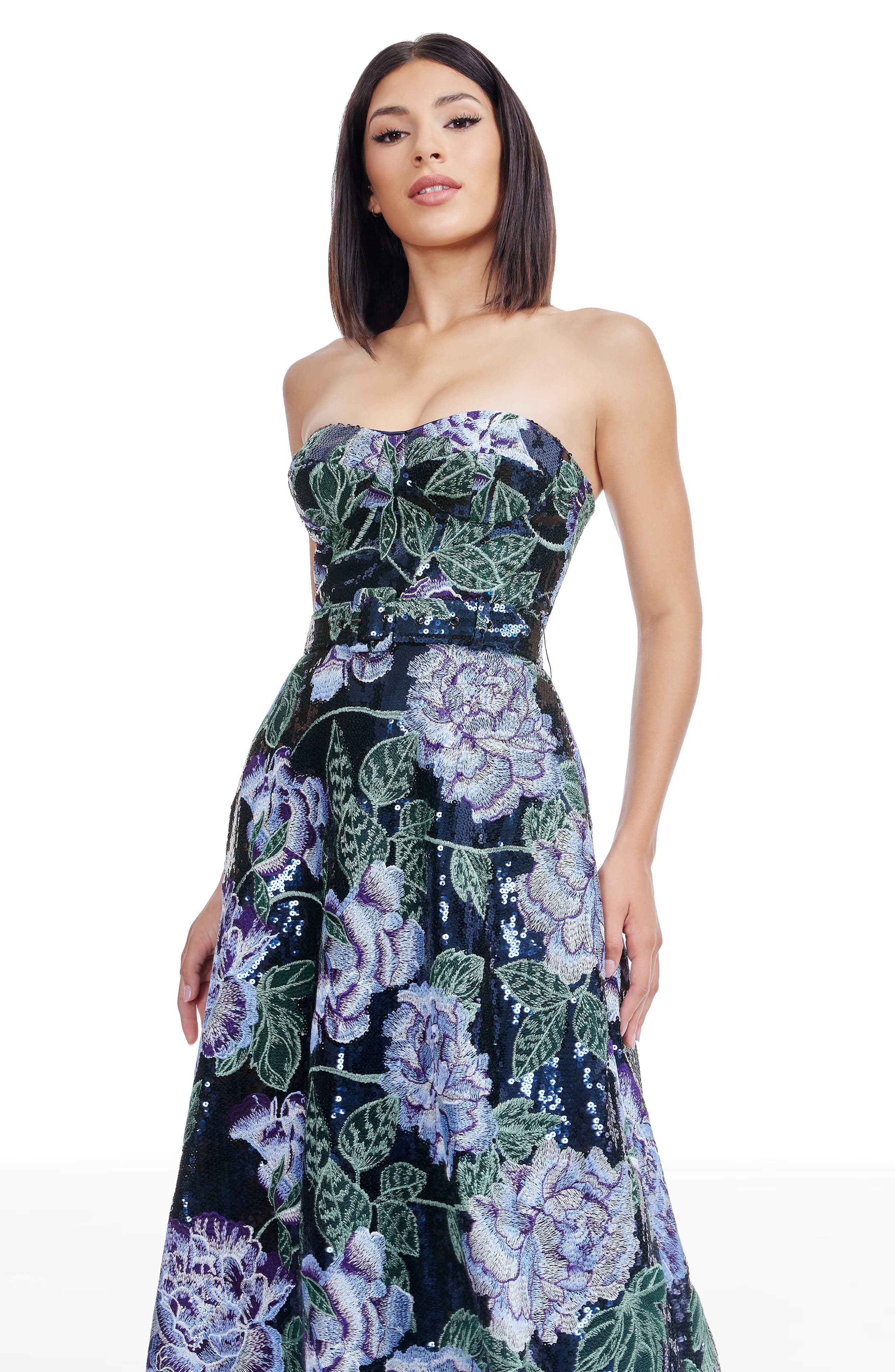 dress the population carlita bustier a-line midi dress Embroidered Sequin Floral Strapless Cocktail (Women) Floral dress