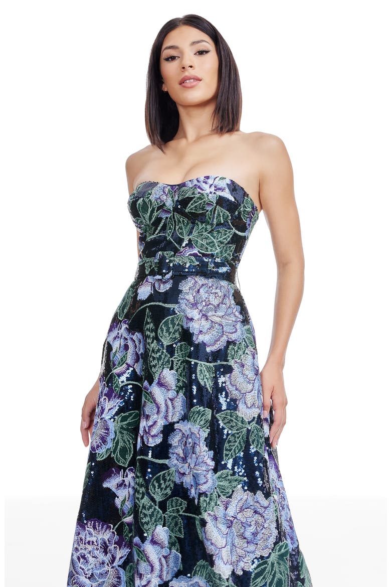Carlita Embroidered Sequin Floral Strapless Cocktail Midi Dress, Alternate, color, NAVY MULTI