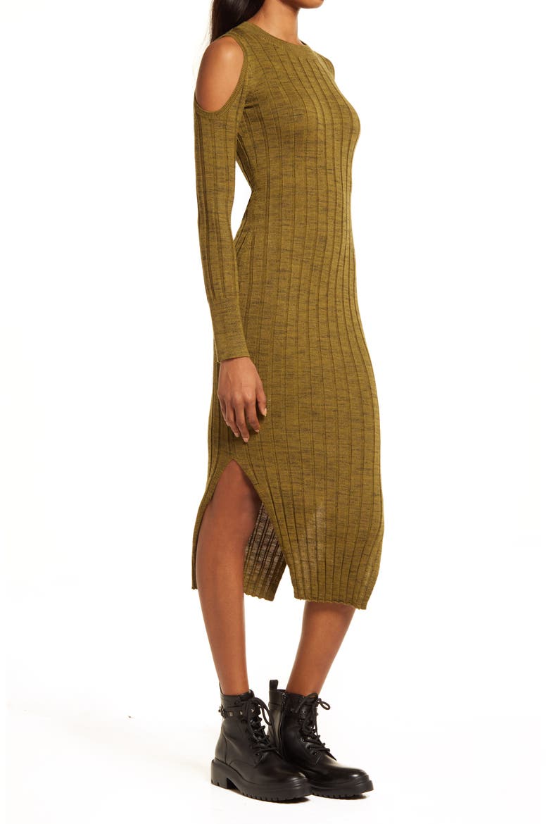 Daina Cold Shoulder Merino Wool Sweater Dress, Alternate, color, KHAKI BLACK TWIST