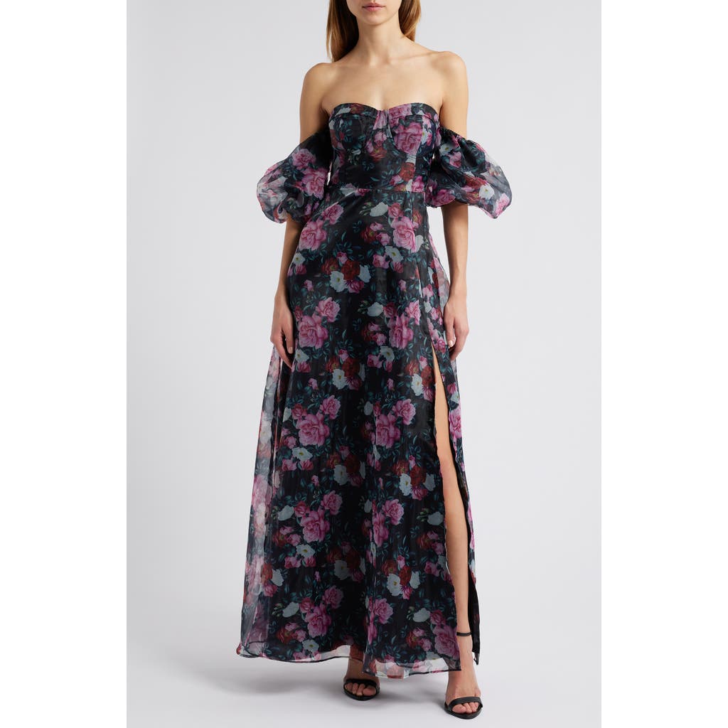 Lulus Flral Bustier Gown In Black/pink/white