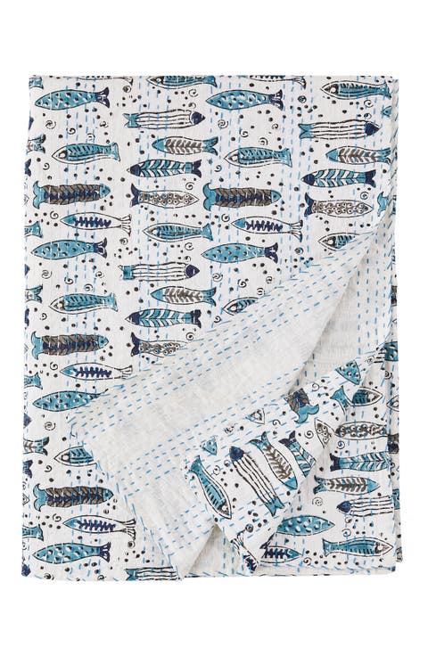 Fish Kantha Cotton Throw Blanket