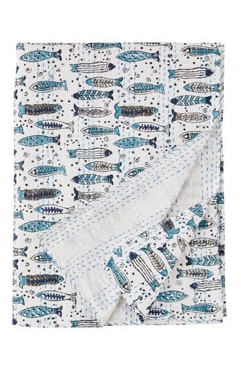 Melange Home Fish Kantha Cotton Throw Blanket In Indigo