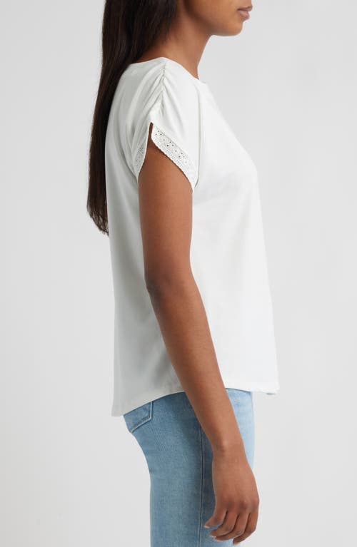 Bobeau Embroidered Eyelet Trim Short Sleeve Top In White