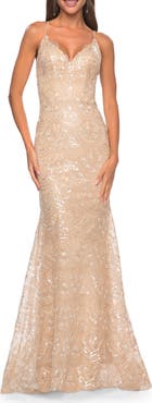 La Femme Print Sequin Mermaid Dress with Lace Up Back