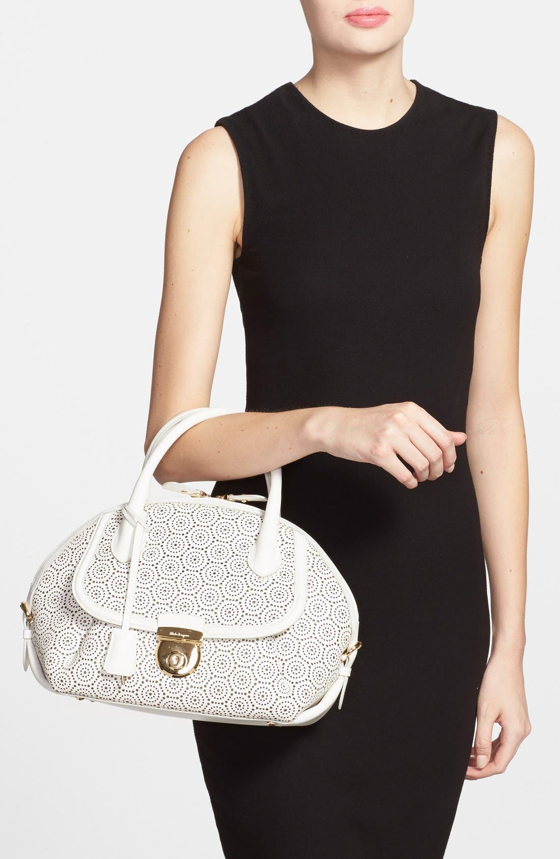 Salvatore Ferragamo 'Fiamma' Perforated Leather Dome Satchel, Alternate, color, NEW BIANCO