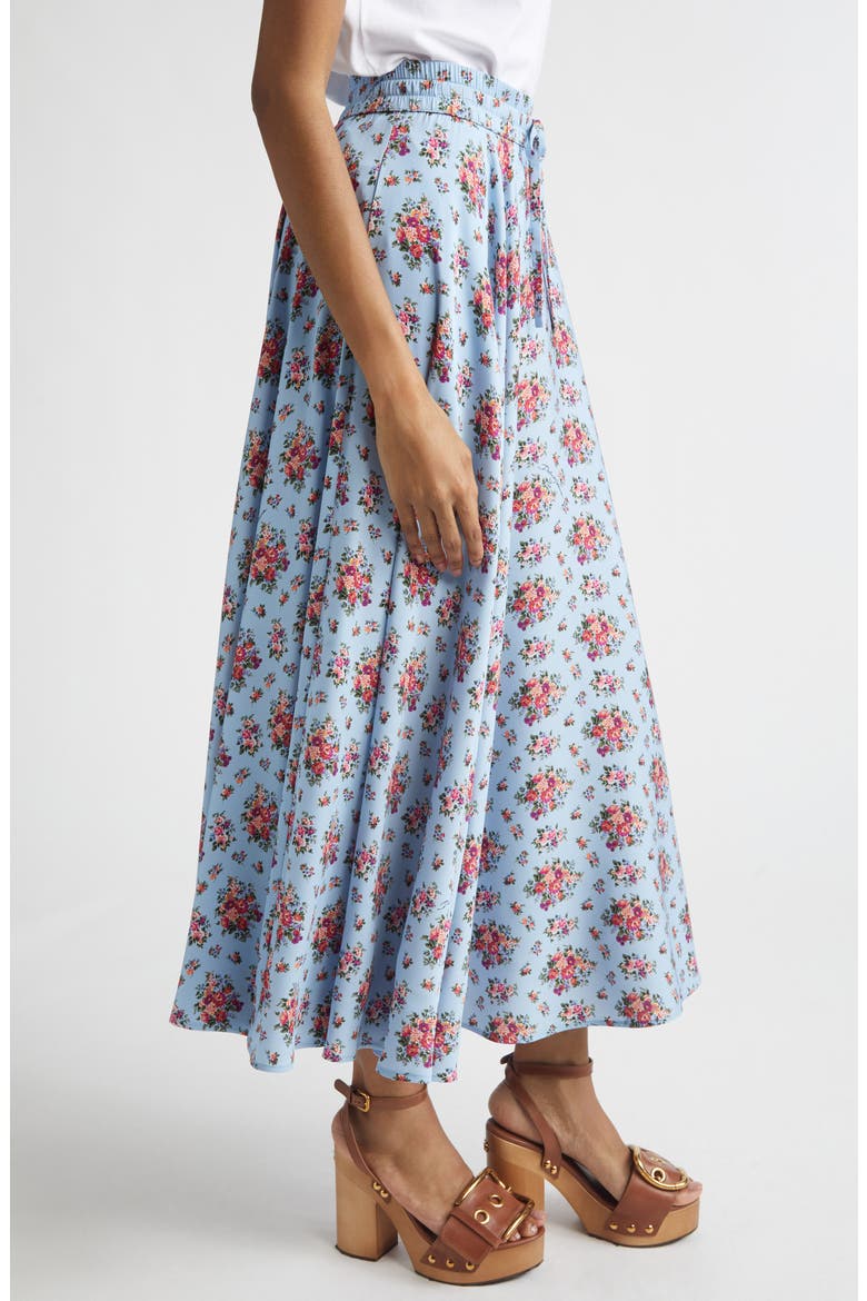 Floral Bouquets Gathered Stretch Charmeuse A-Line Midi Skirt, Alternate, color, MAZZOLINI FIORI FCEL