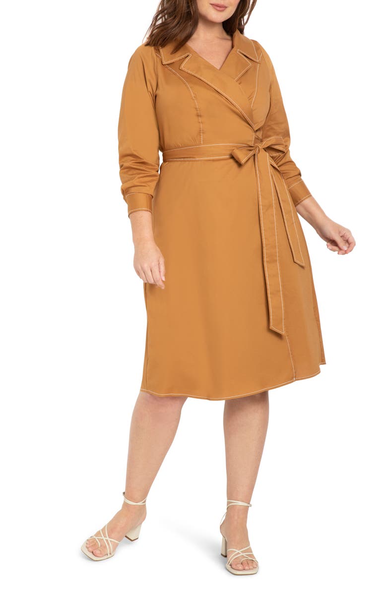 ELOQUII Trench Style Long Sleeve Midi Wrap Dress, Main, color,