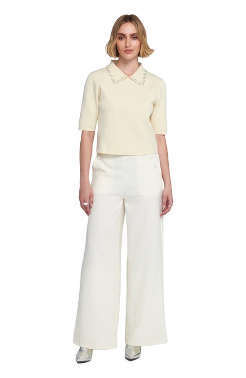 Wide Leg Trouser With Self Covered Buttons Wide-Leg Pants