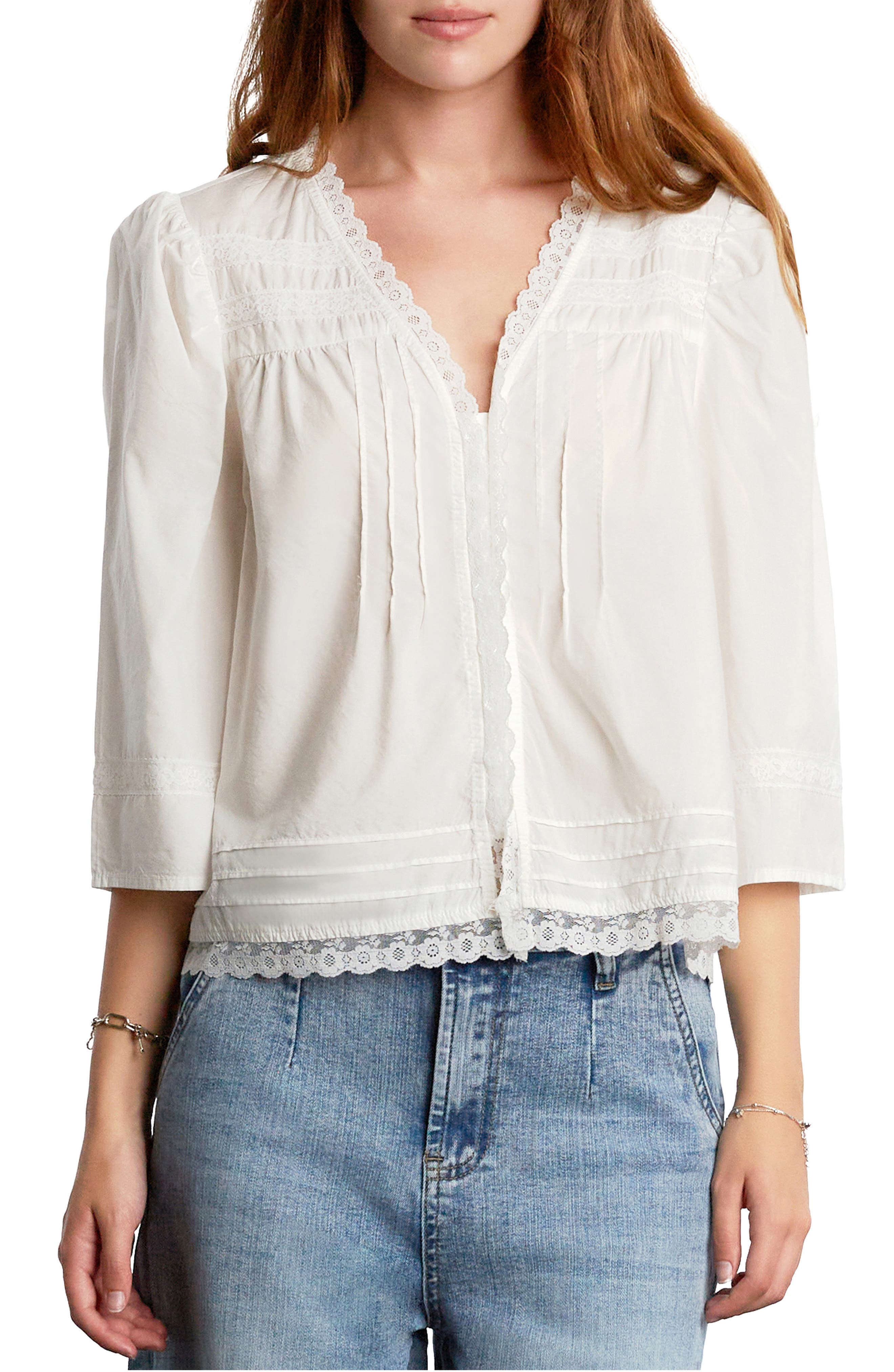 Billy T Fable Floral Lace Trim Cotton Blend Button-up Shirt In Cottage White