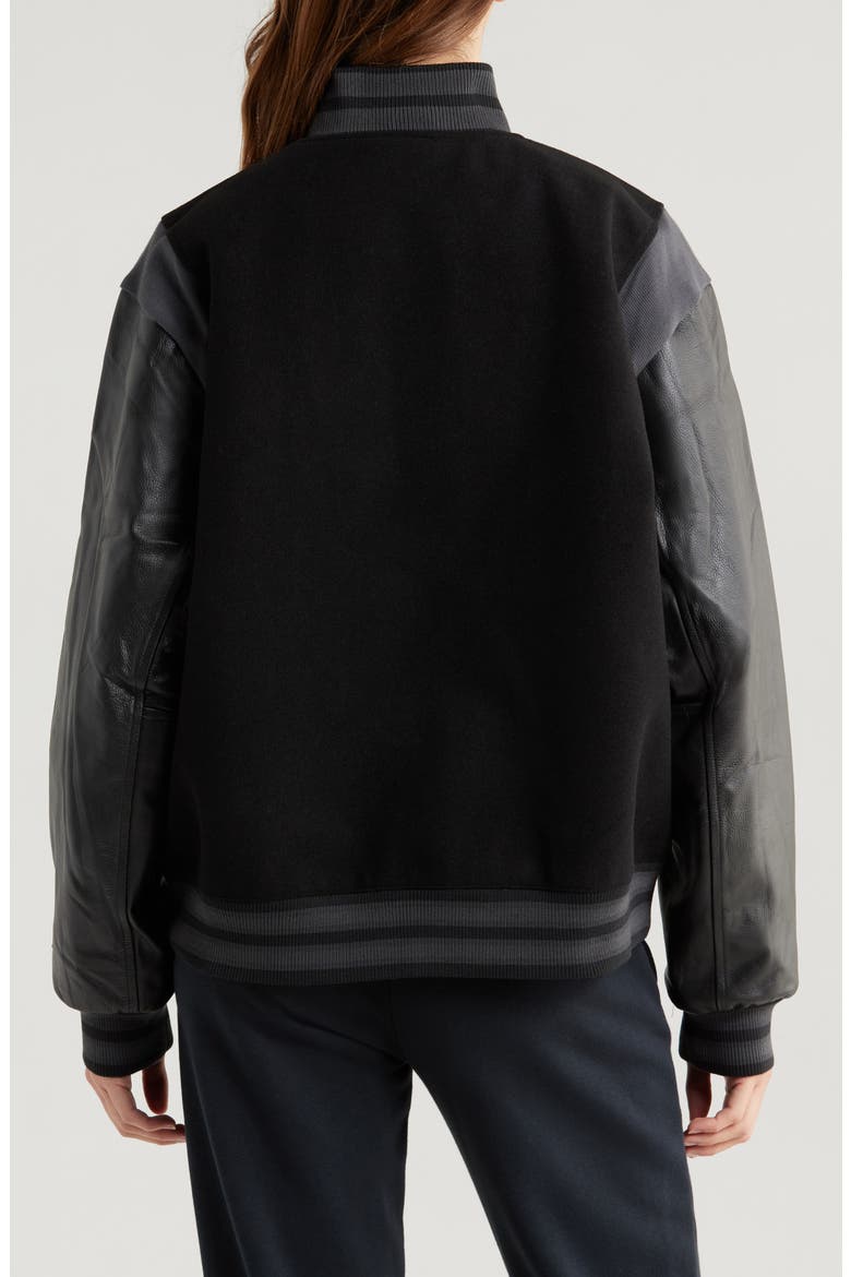 Sportswear Destroyer Leather & Wool Blend Varisty Bomber Jacket, Alternate, color, BLACK/ BLACK/ ANTHRACITE