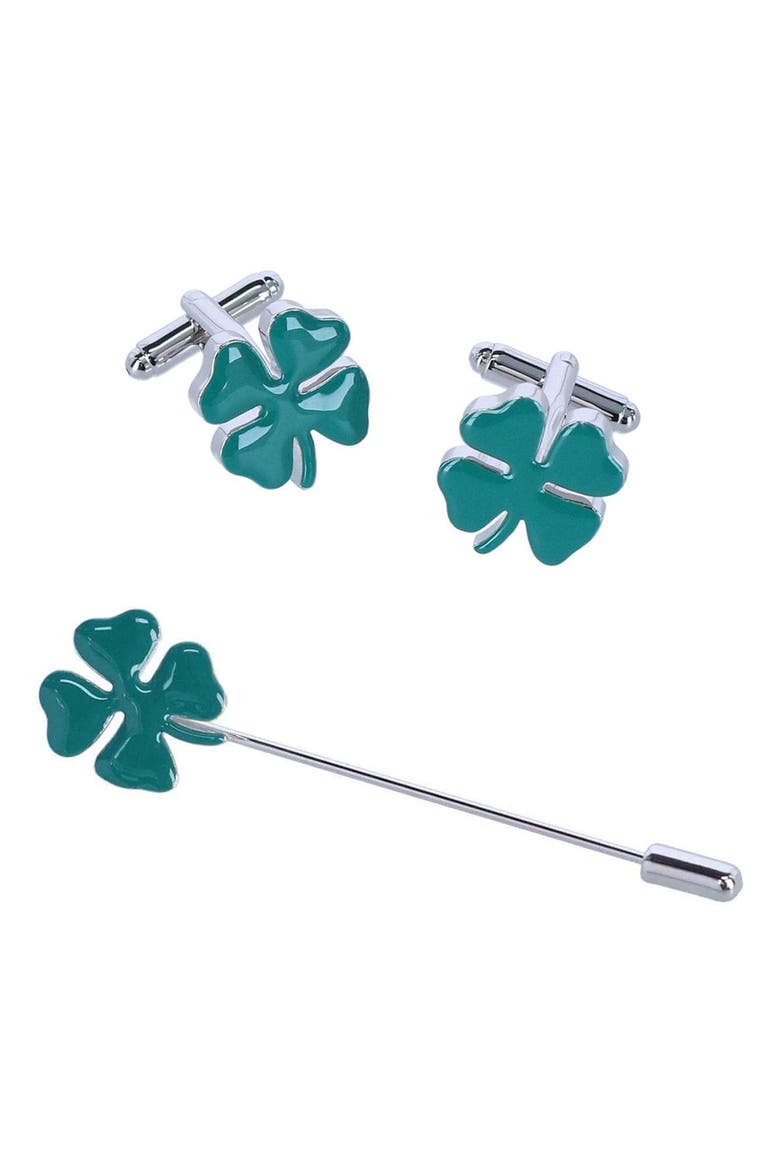 Shay Shamrock Novelty Cufflinks and Lapel Pin Set, Main, color, Green