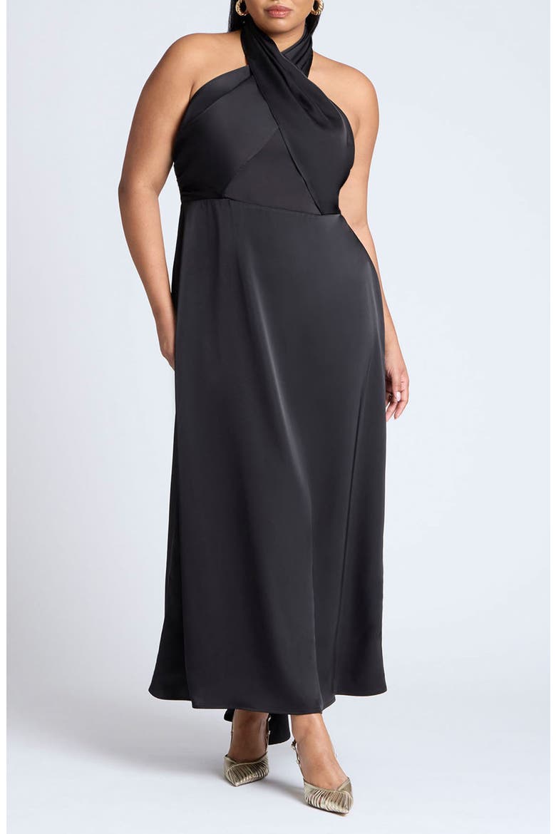 Halter Neck Satin Maxi Dress, Main, color, BLACK ONYX