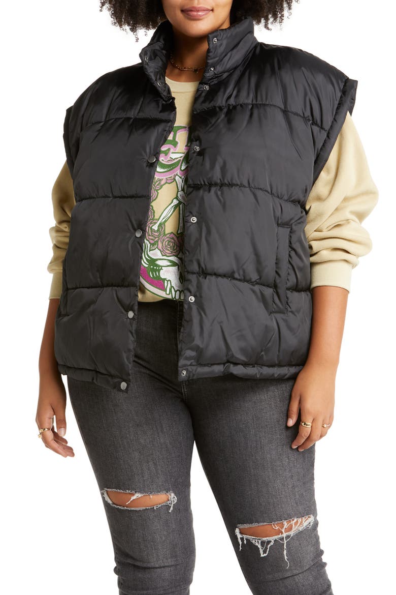 Snap Front Puffer Vest, Main, color, BLACK