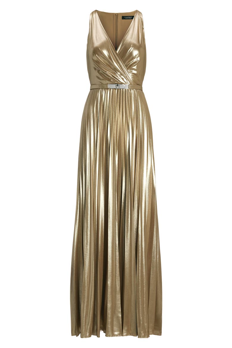 Pleated Metallic Chiffon Gown, Alternate, color, TAN/ LIGHT GOLD FOIL