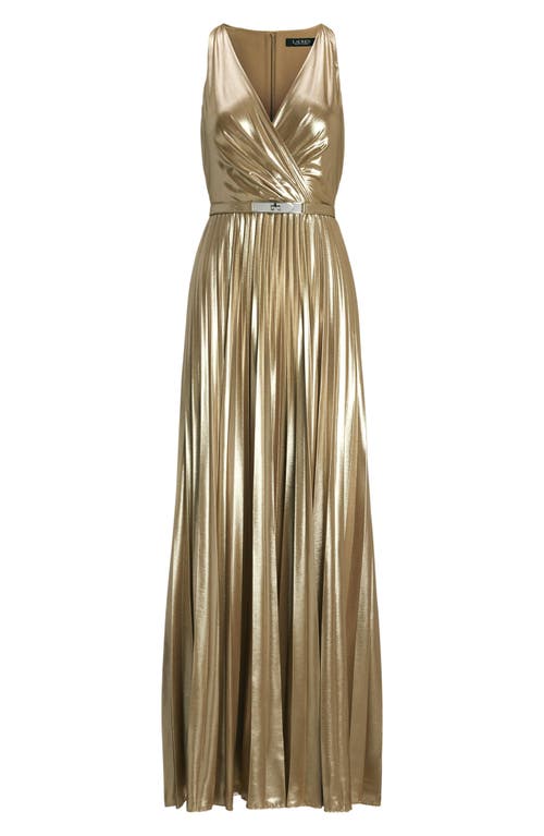 Ralph Lauren Sleeveless Metallic Gold Maxi Dress In Gold