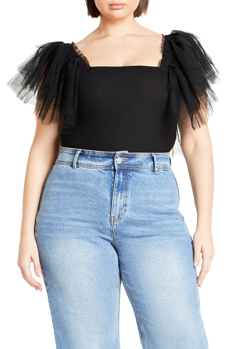 City Chic Azariah Shirred Tulle Sleeve Bodysuit, Main, color, 