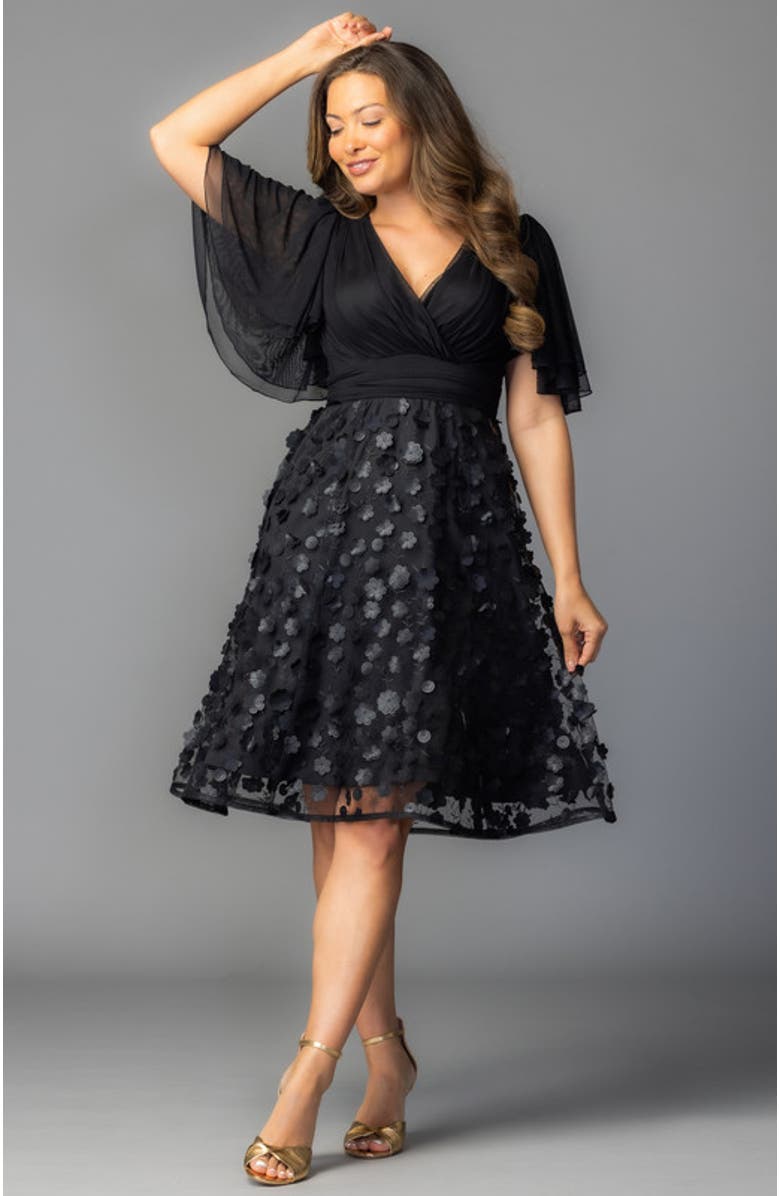 Kiyonna Pretty Petals Mesh Cocktail Dress, Alternate, color, Onyx Blossoms