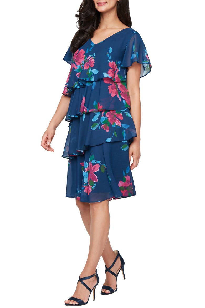 Floral Short Sleeve Chiffon Tiered Dress, Main, color, NAVY MULTI