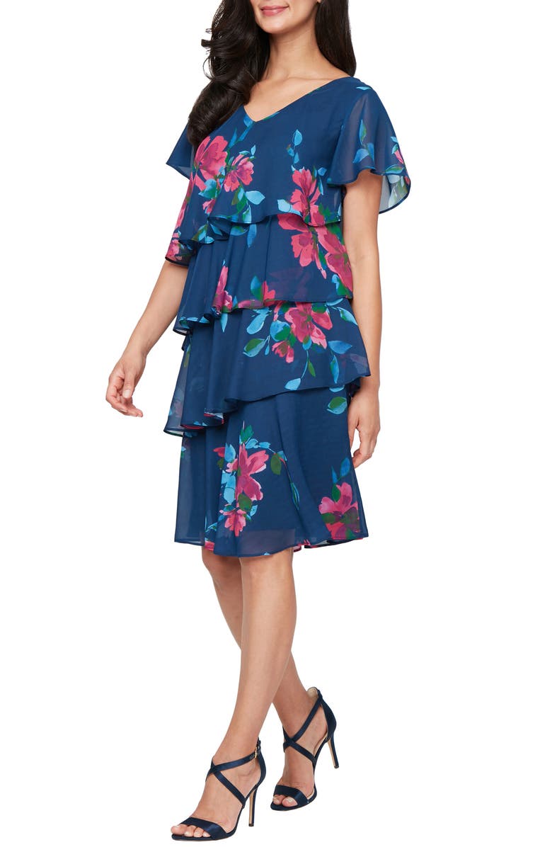 SL FASHIONS Floral Short Sleeve Chiffon Tiered Dress, Main, color, Navy Multi