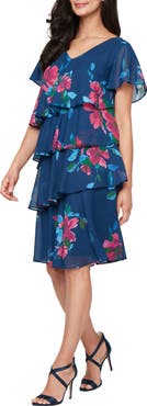 SL FASHIONS Floral Short Sleeve Chiffon Tiered Dress