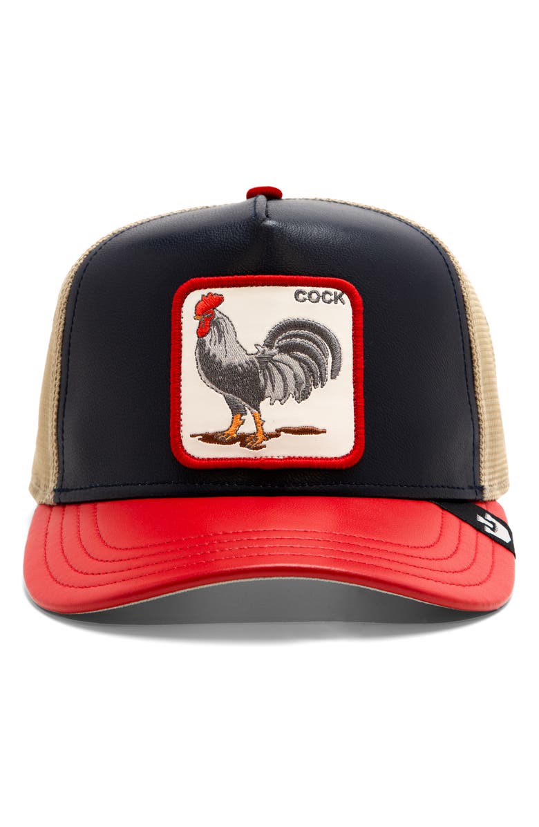 Goorin Bros. Cock Patch Leather & Mesh Snapback Trucker Hat, Main, color,