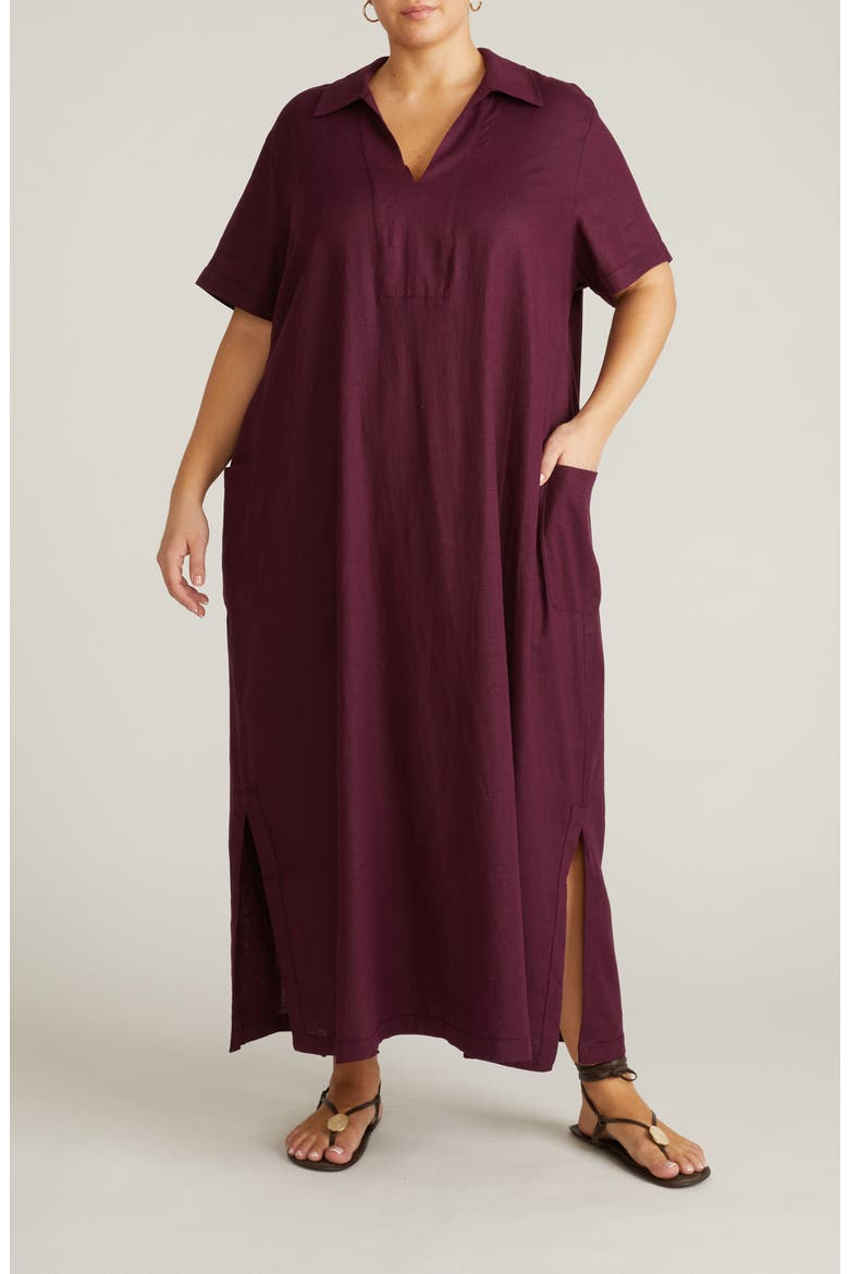 Leaf-Print Linen-Blend Maxi Dress, Main, color, ACAI PURPLE