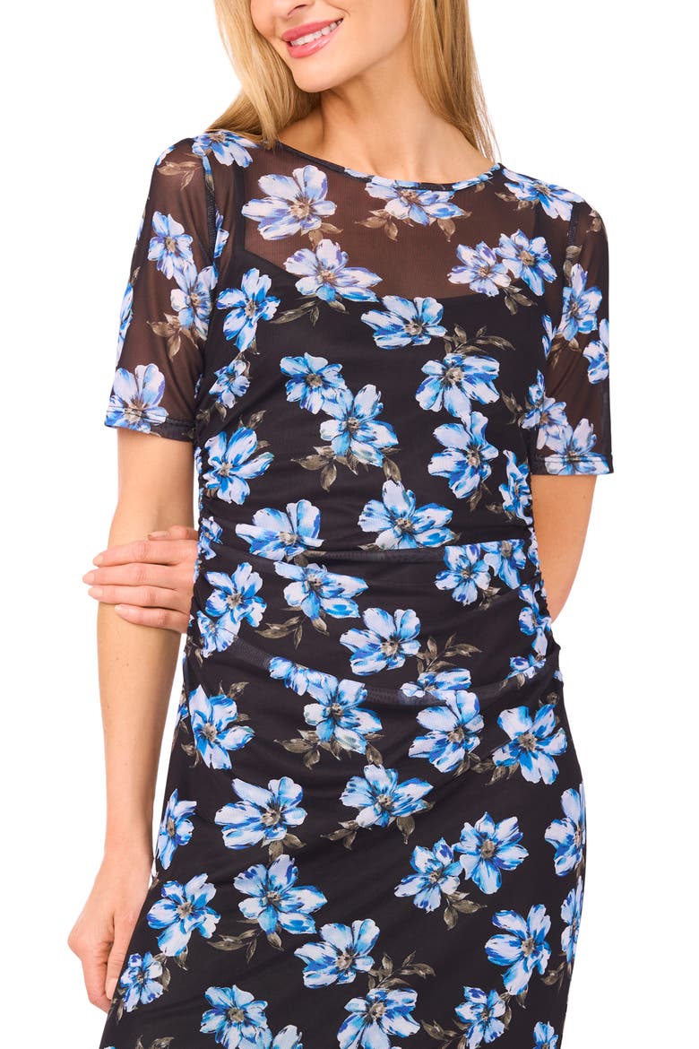 Ruched Floral Midi Dress, Alternate, color, RICH BLACK