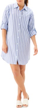 Karen Kane Stripe Long Sleeve Cotton Blend Shirtdress
