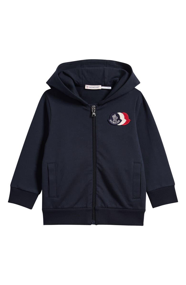 Moncler Kids
 Logo Patch Zip Hoodie, Main, color, Navy