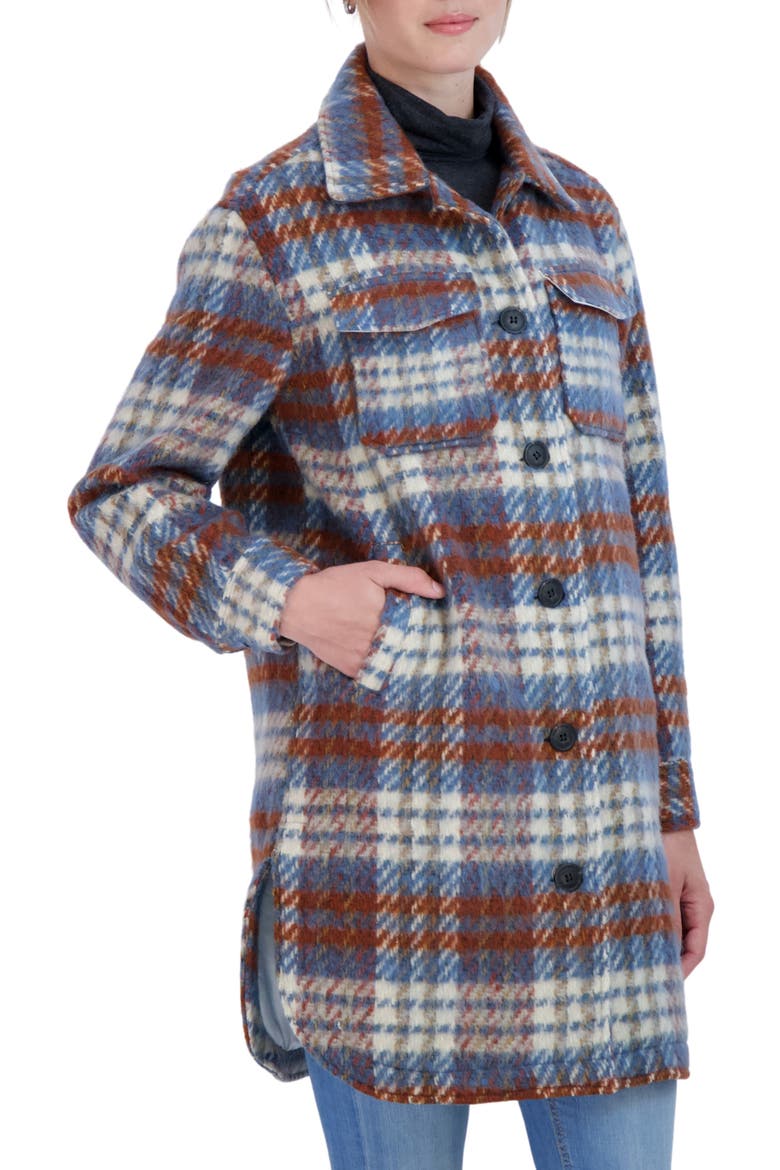 Brushed Plaid Long Shirt Jacket, Alternate, color, BLUE/ RED
