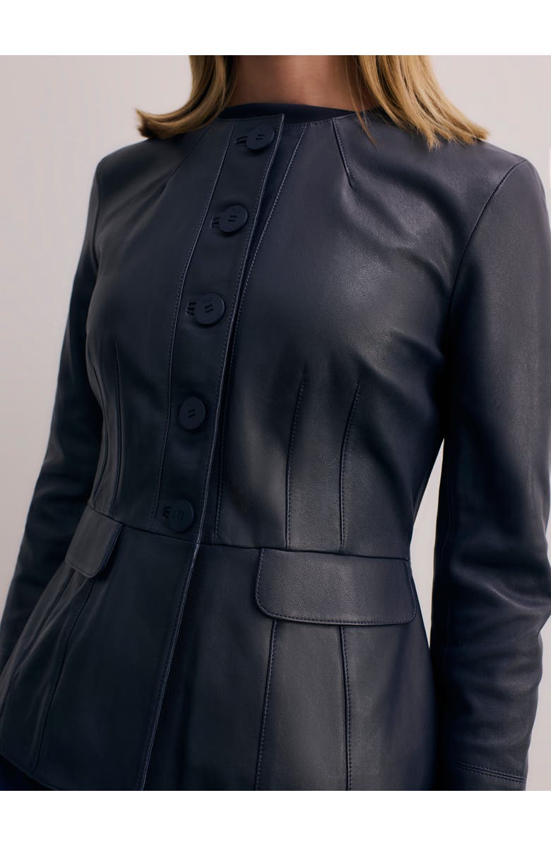 The Fold Ginevra Leather Jacket, Alternate, color, Navy