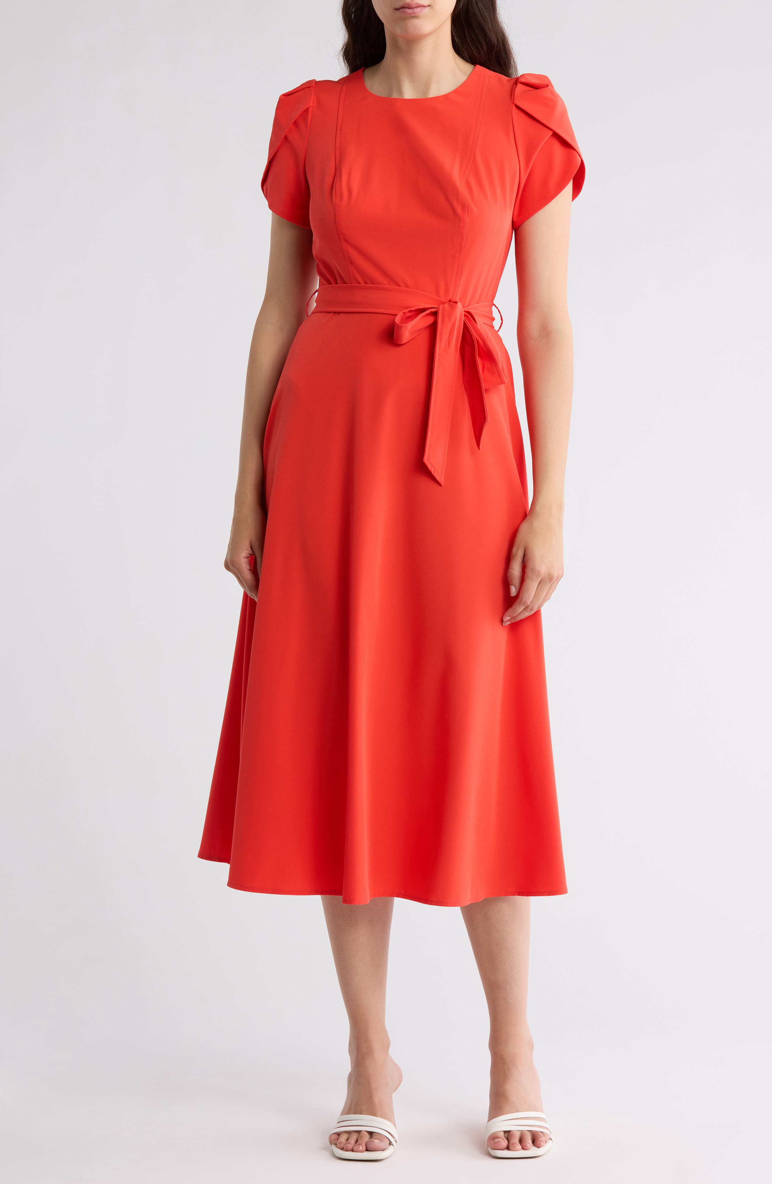 calvin klein tulip sleeve fit & flare dress Calvin Klein Women's Short Tulip Sleeve V-Neck Solid Fit and Flare Dress
