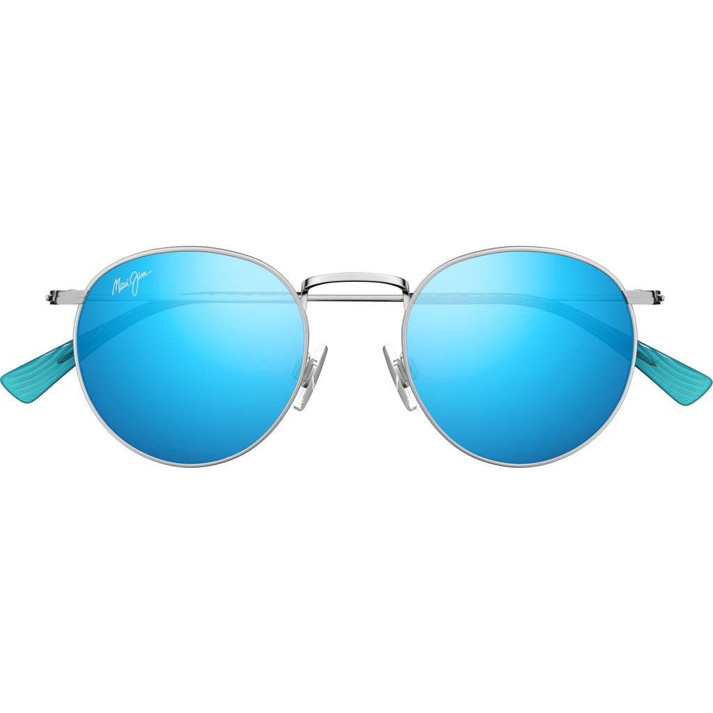 Maui Jim Pukaua 50mm Small Polarized Round Sunglasses In Silver/blue Hawaii
