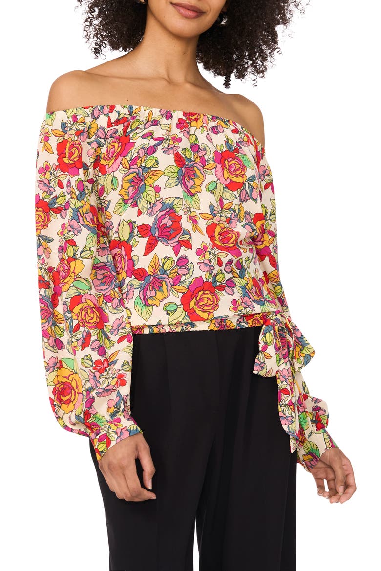 Floral Off the Shoulder Tie Hem Top, Main, color, RED