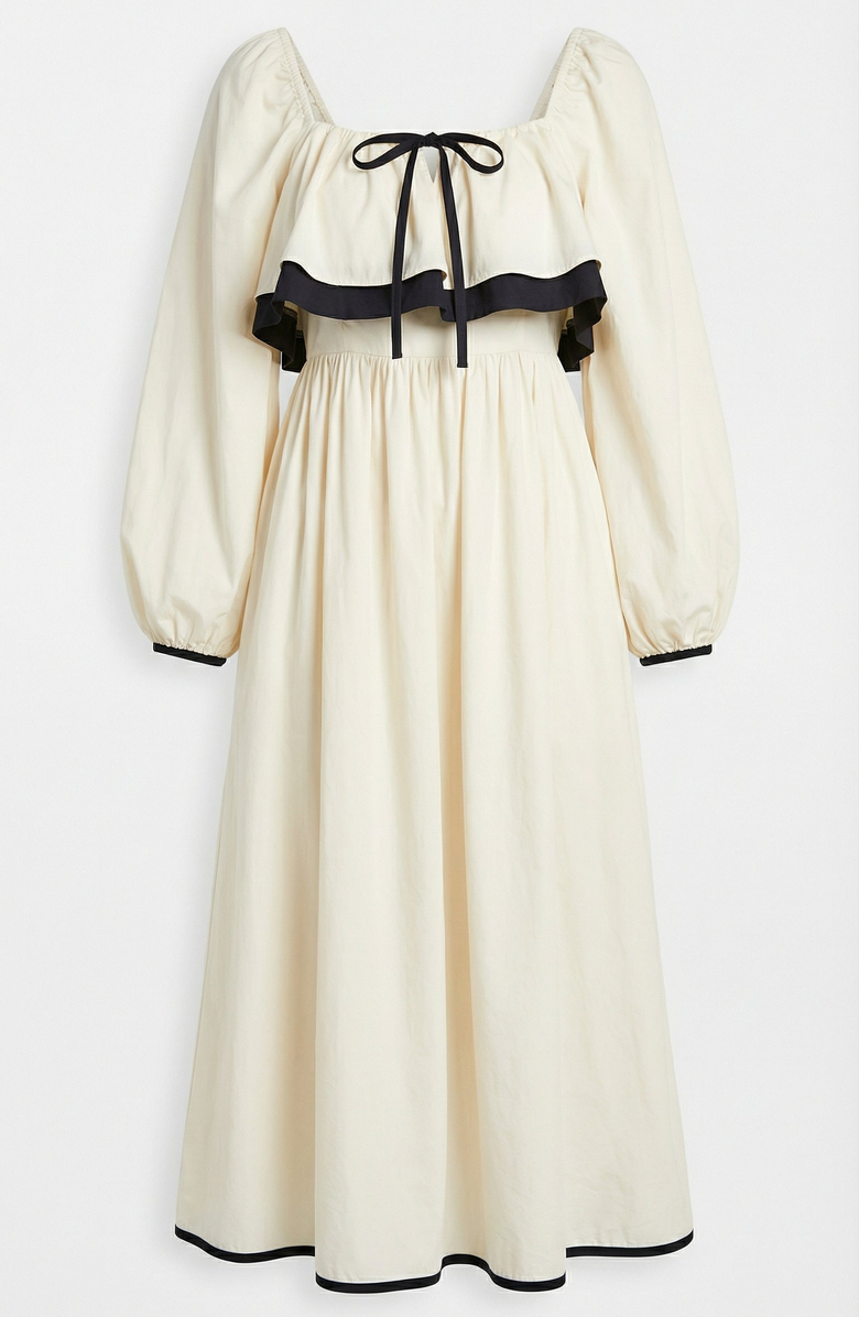 Modenaire Long Sleeve Ruffle Trim Midi Dress, Alternate, color, Ivory