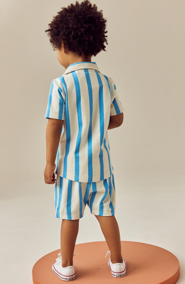 NEXT Kids' Stripe Knit Cotton Blend Camp Shirt & Drawstring Shorts Set, Alternate, color, Blue/White