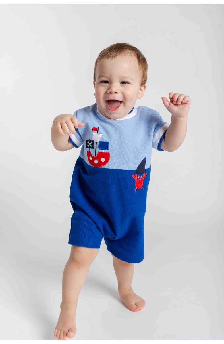 Florence Eiseman Knit Shortall With Pirate Ship & Crab, Alternate, color, Blue