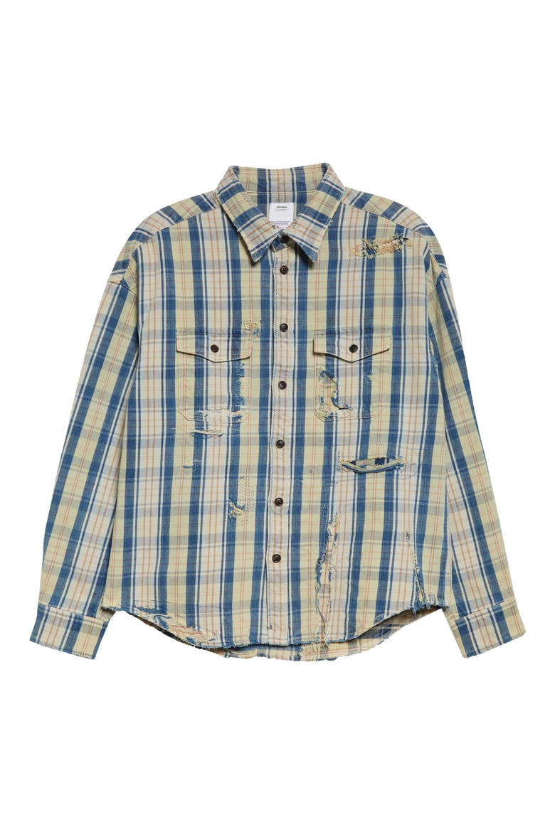 Men's Pioneer Crash Distressed Check Cotton & Linen Button-Up Shirt, Alternate, color, DARK INDIGO