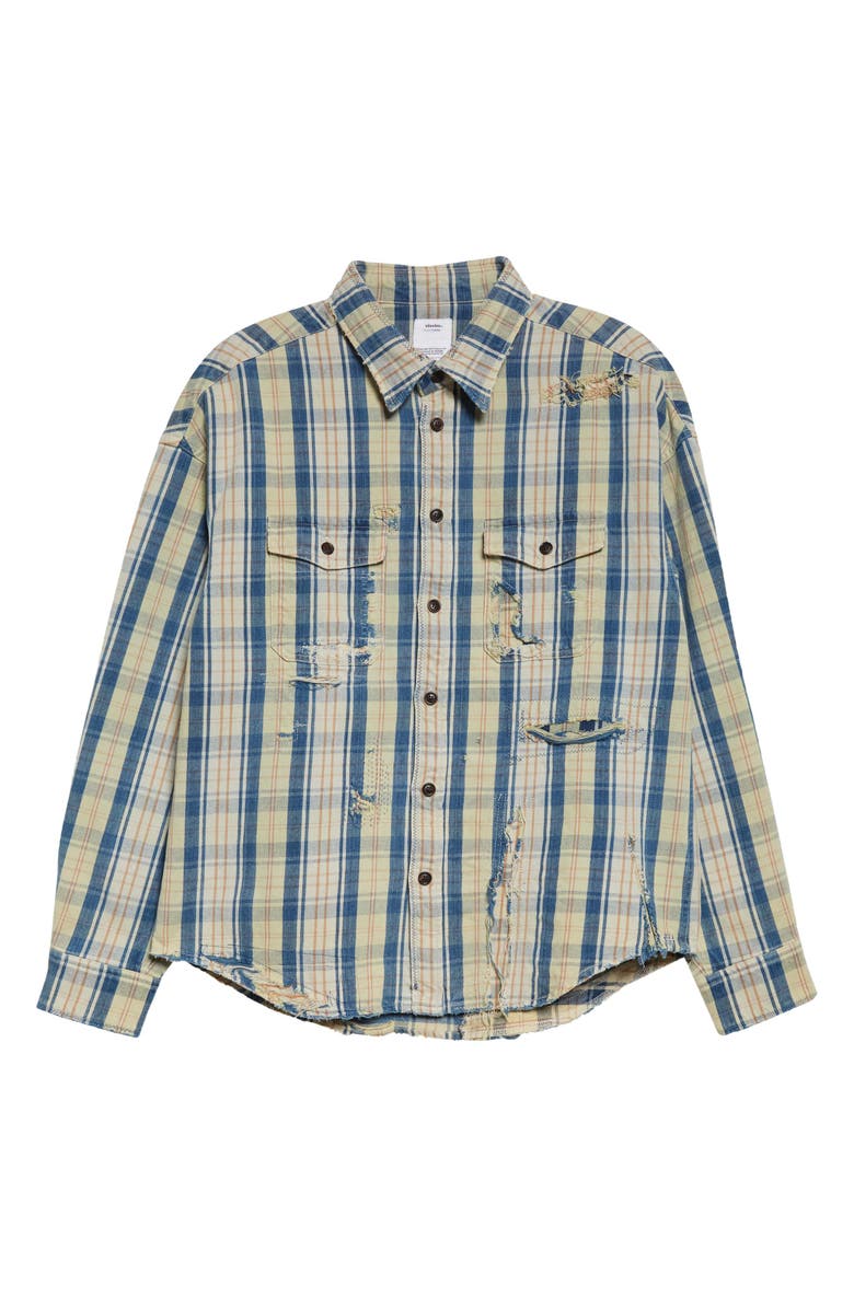 VISVIM Men's Pioneer Crash Distressed Check Cotton & Linen Button-Up Shirt, Alternate, color,