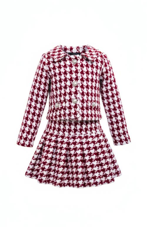 Mia Belle Girls Kids' Cute Festive Jacket And Pleated Skirt Set In Burgundy