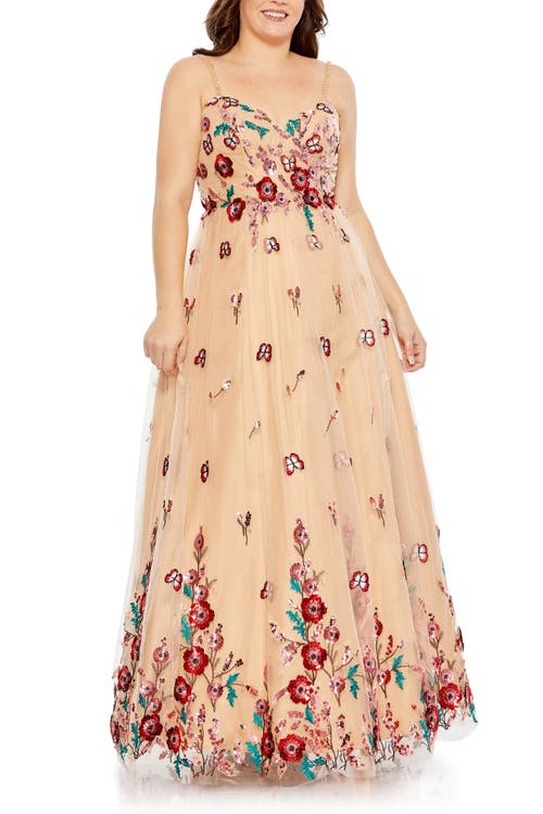 Mac Duggal Embellushed Butterfly Sleeveless Lace Up Gown In Nude Multi