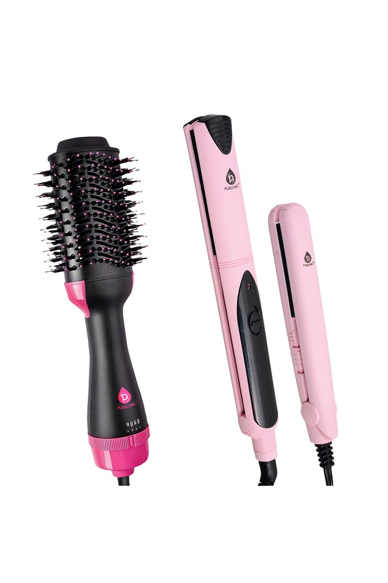 Hair Styling Power Bundle Hair Dryer & Volumizer Brush + Flat Iron Hair Straightener With Free Travel Straightener, Main, color, Pink