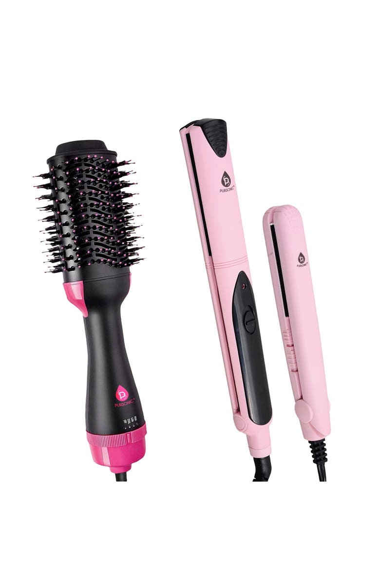 PURSONIC Hair Styling Power Bundle Hair Dryer & Volumizer Brush + Flat Iron Hair Straightener With Free Travel Straightener, Main, color, Pink