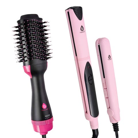 Hair Styling Power Bundle Hair Dryer & Volumizer Brush + Flat Iron Hair Straightener With Free Travel Straightener
