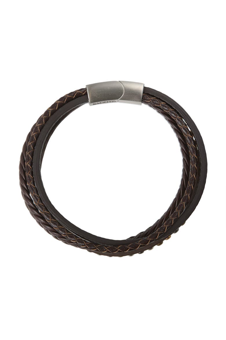 Stainless Steel and PU Leather Bracelet for Men, Multistrand - 8.5'', Alternate, color, Black