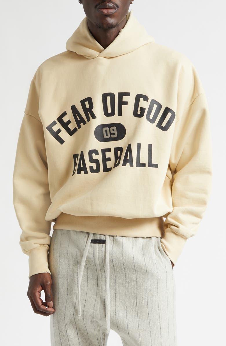 Fear of God Classic Fit '09 Cotton Fleece Logo Graphic Hoodie, Main, color, Dirty Ivory