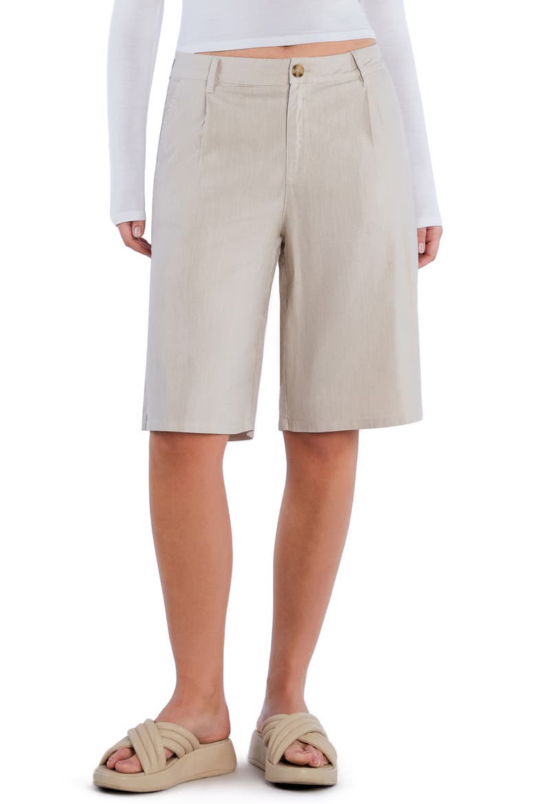 Chill Pleated Mid Rise Denim Bermuda Shorts, Main, color, MOONBEAM