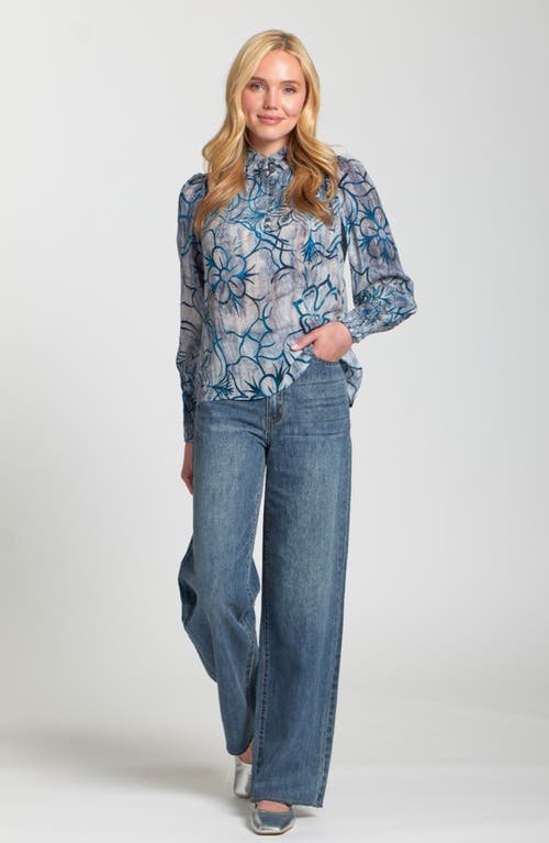Apny Puff Shoulder Button Front Top In Blue