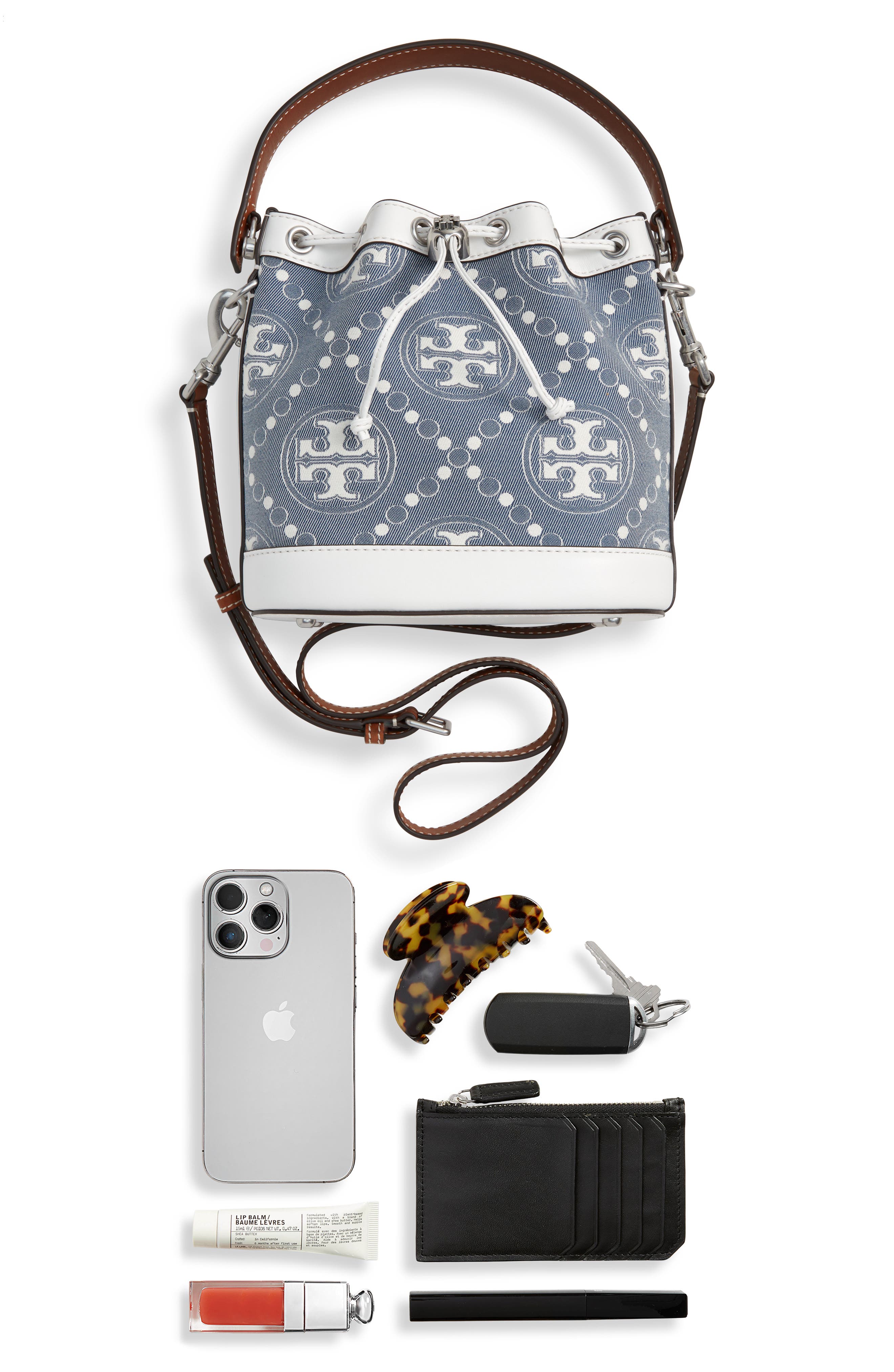 T Monogram Denim Bucket Bag, Alternate, color, PEARL BLUE